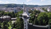 Aerial Panoramic: St. Bonaventure Cathedral Spire, Banja Luka, Bosnia