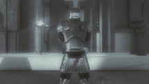 Medieval Paladin Knight on His Knees Praying Inside a Church or a Monastery