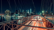 traffic on Brooklyn Bridge at night 