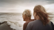 AI Generated Image. Carefree Senior elderly couple relaxing next to the ocean