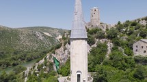 Počitelj's Cliffside Mosque detail and Fort, Bosnia Herzegovina Aerial