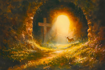A painting of the cross and a lamb inside the empty tomb with light pouring through