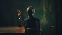 AI Generated Image. Back view on woman sitting at the table in a dark interior