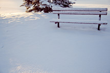 snow on a park bench 