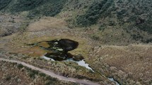 Aerial drone shot of Mountain Landscape At Cayambe Coca National Park In Papallacta, Ecuador.
