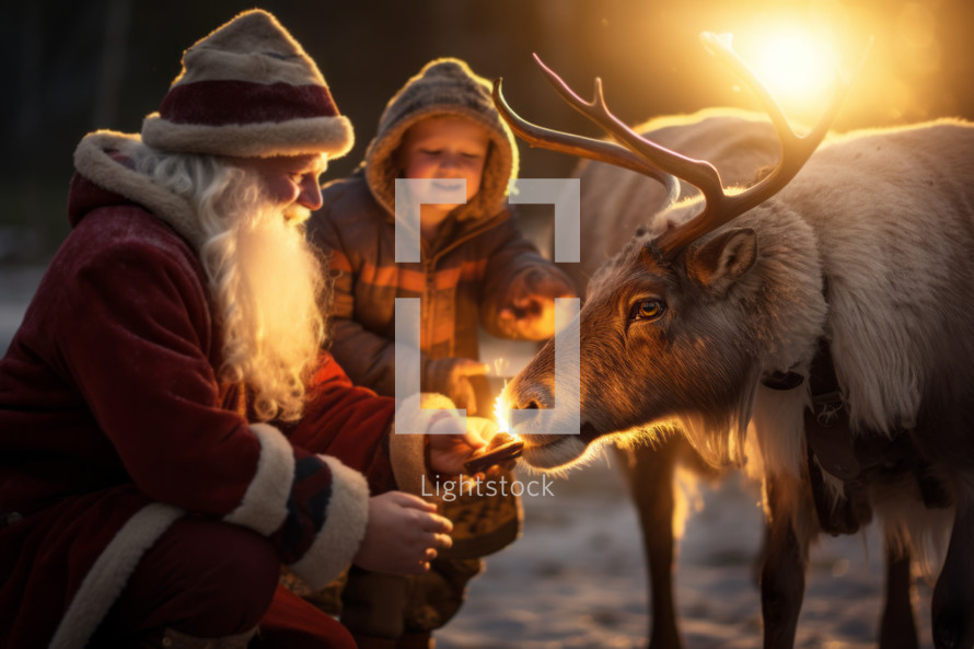 AI generative images. Happy Santa and kid feeding reindeers at Christmas eve