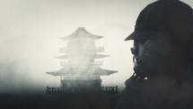 Samurai Bushido Warrior Wearing Mask and Helmet and a Japanese Temple