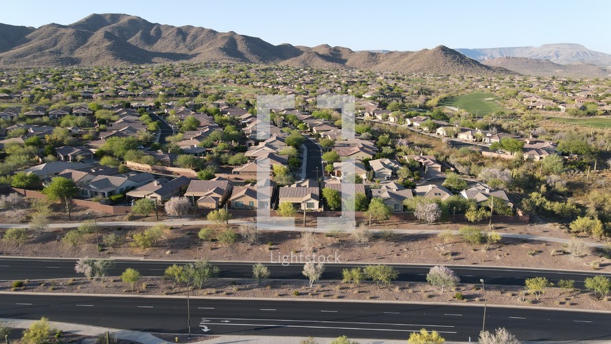 aerial view over homes in the suburbs 