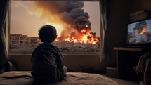 Kid watching a large explosions through the window in Middle East. The explosions also appear on the TV news in the room.