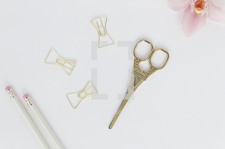 scissors, pencils, clips, and orchid on a white background 