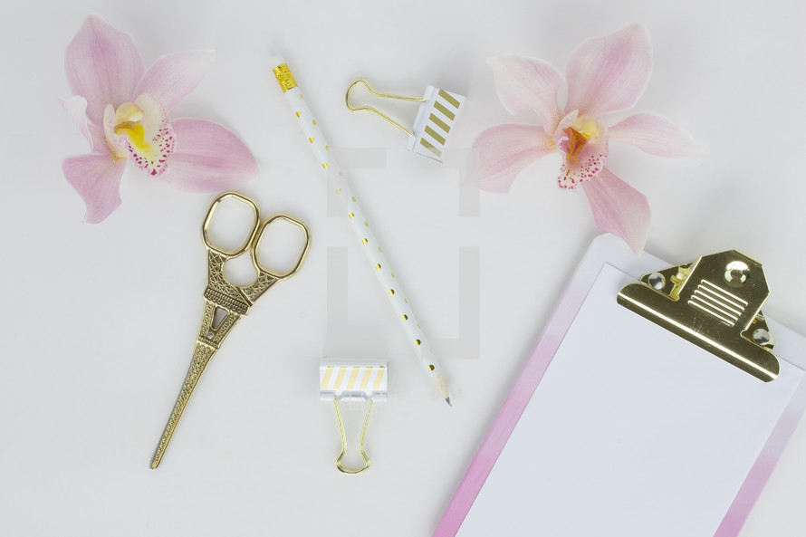 clipboard, paper, orchid, pink, blank, pencil, flower, clips, gold, white background, desk, eiffel tower, scissor, desk 