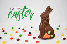 Chocolate Easter Bunny with Jelly Beans and Happy Easter Typography Text