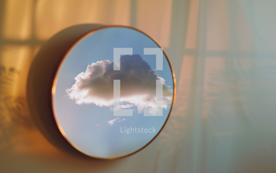 AI Image. Cloud reflecting in a mirror Indoor during sunset