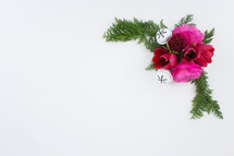 flowers and pine and Christmas bell on white background 