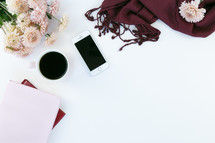 book, journal, scarf, mums, iphone, coffee mug