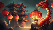 Chinese landscape with red lantern and dragon 