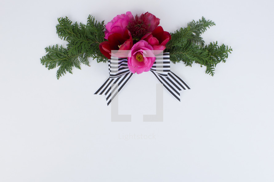 flower and pine with bow on white background 