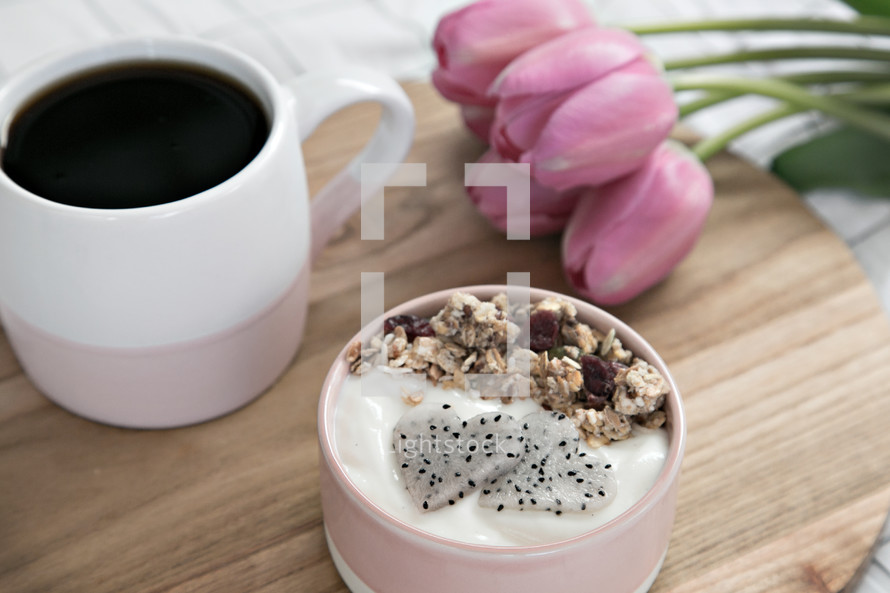 coffee, yogurt and tulips 