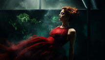 AI Generated Image. Woman in red dress floating inside the large aquarium