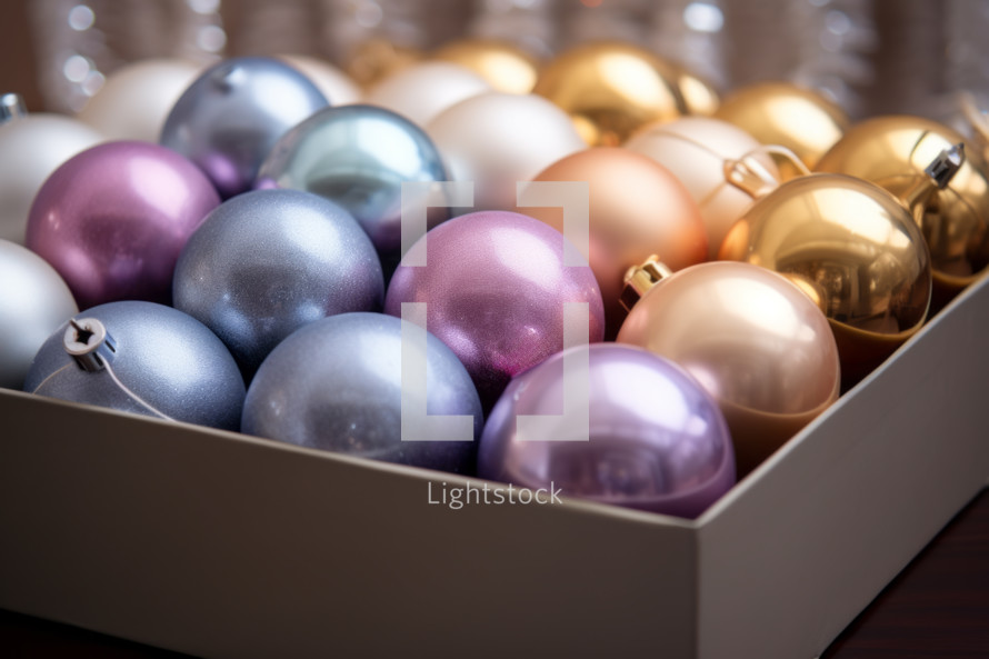 AI generative images. Christmas baubles in a cardboard box