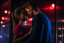 AI Generated Image. Young couple walking on a night city street. Love concept