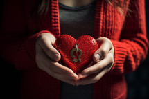 AI Generated Image. Woman holding red heart shaped lovelock
