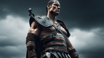 AI Generated Image. Gladiator wearing armor against the dramatic sky