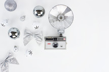 vintage flash camera and holiday decorations 