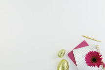 gold, Easter eggs, candy, journal, pen, flowers, fuchsia 