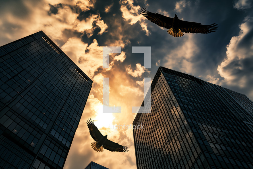 AI Image. Business office skyscrapers and bald eagles flying in majestic sky