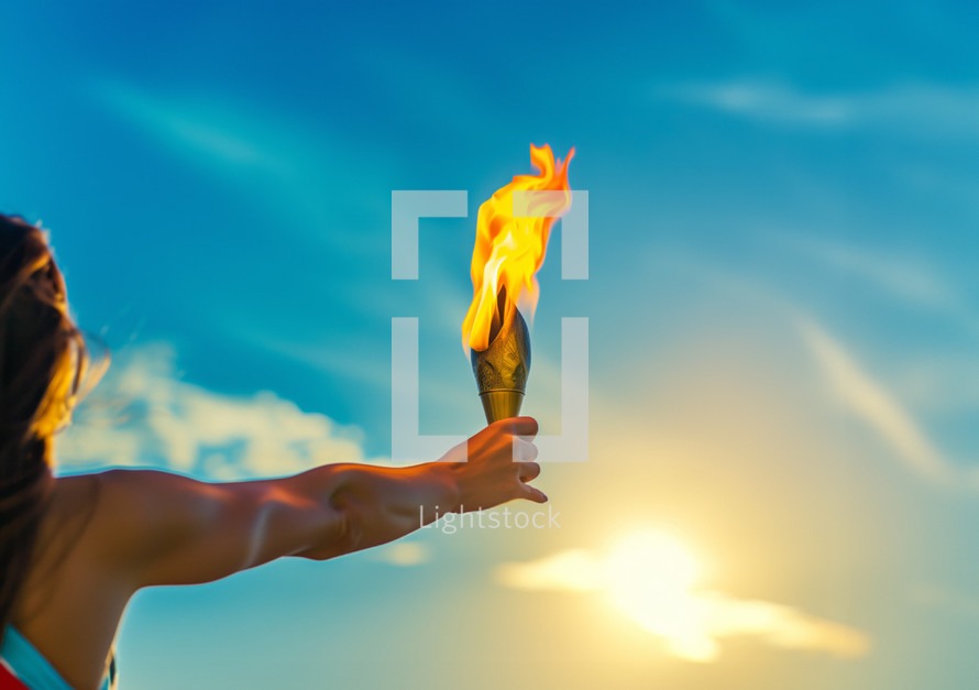 AI Generated Image. Female athlete carries flaming sport torch at the opening ceremony
