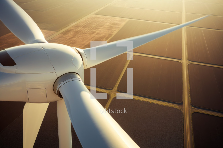 AI generative image. High angle close-up view to the wind turbines farm in the meadow
