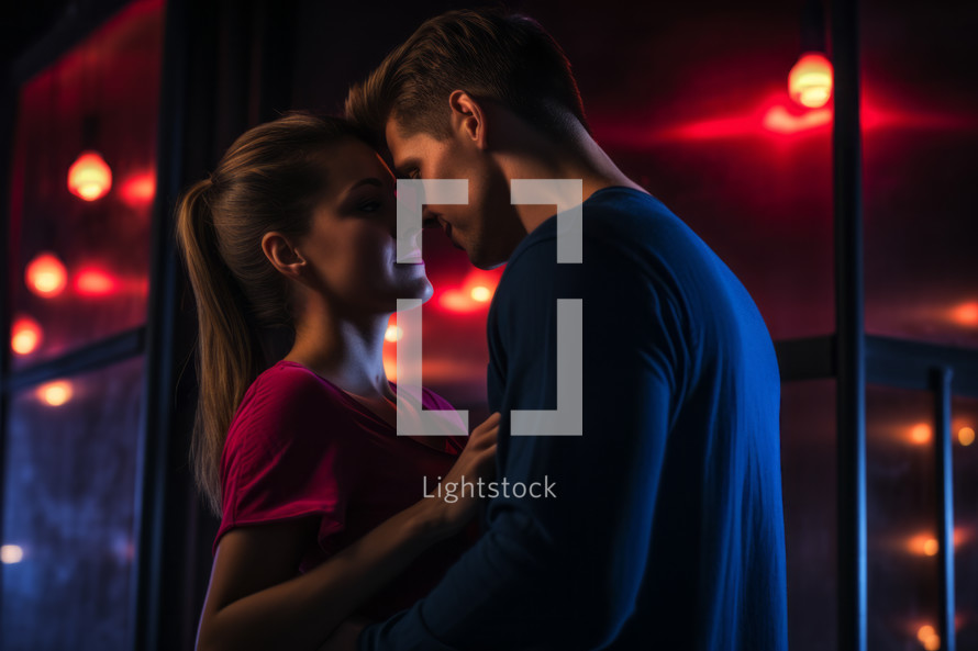 AI Generated Image. Young couple walking on a night city street. Love concept