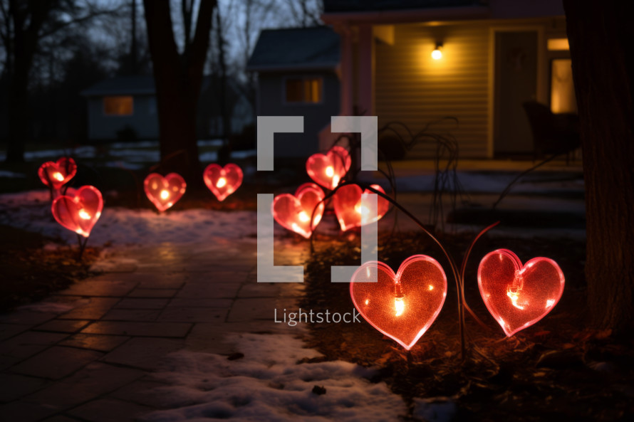 AI Generated Image. Backyard decorated with hearts for Valentine’s Day