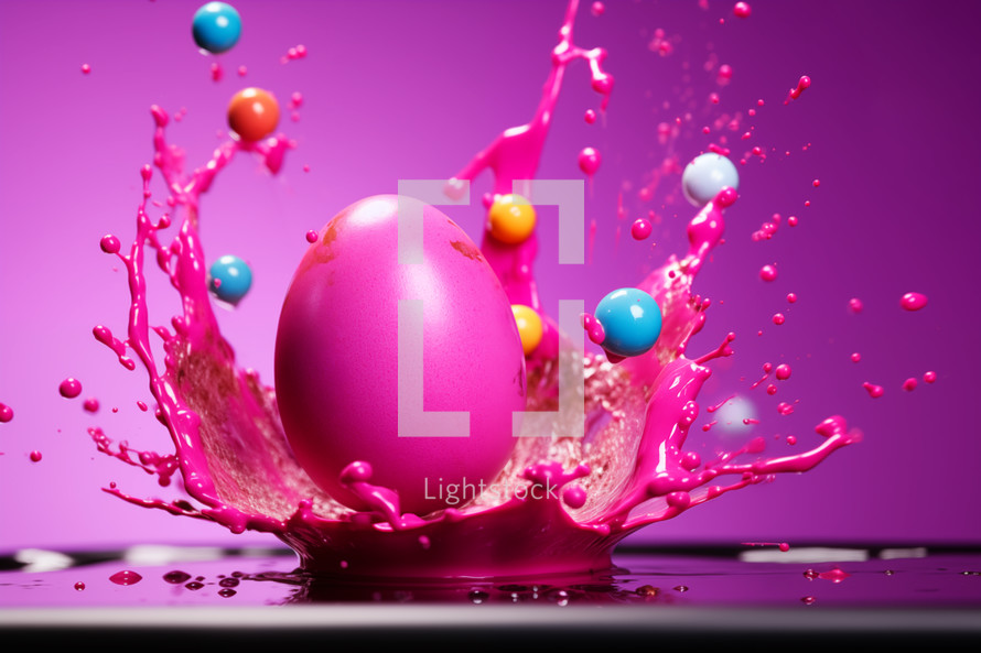AI Generated Image. Easter egg splashing into the pink paint