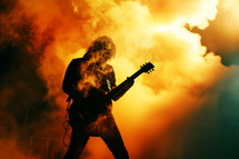 AI Generated Image. Rock concert with the electric guitar player standing in red and yellow smoke