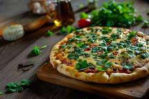 AI Generated Image. Pizza decorated with clovers for St Patrick’s Day celebration