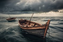 Rustic Dinghies Wooden Boat on Stormy Sea