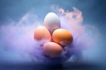 AI Generated Image. Easter eggs in abstract peachy and blue fluffy paste smoke
