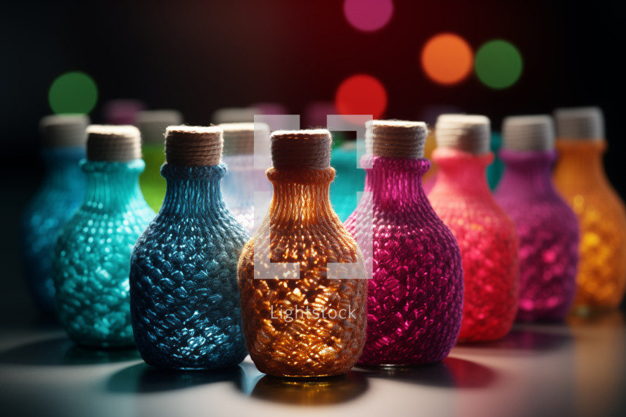 AI generative images. Knitted bottles on a table. Glass and plastic upcycling concept