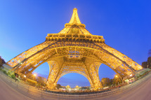 Fisheye view of the Eiffel Tower at dawn, Paris, France- for editorial use only.