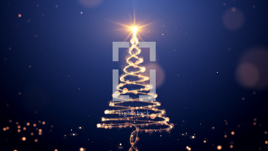 Christmas tree with particles lights stars and snowflakes on blue. Holidays concept background