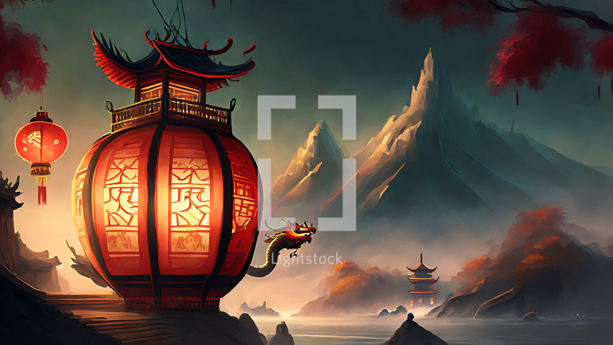 Chinese landscape with red lantern 