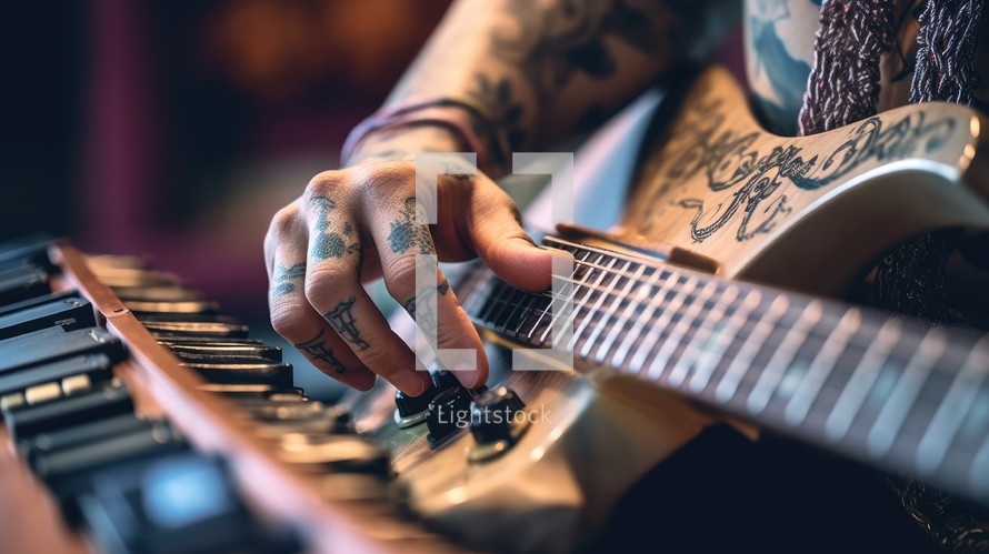 A close-up view of a musician hands on their guitar