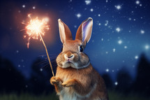 AI Generated Image. Easter bunny holding sparkler against the night starry sky