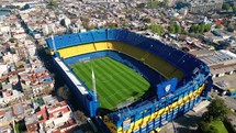 Buenos Aires, Argentina; October 2023: Aerial photo at sunset Boca Juniors Stadium. Football stadium from Argentina. "The Bombonera".
