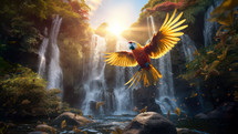 Colorful parrot surrounded by exotic vegetation at sunrise