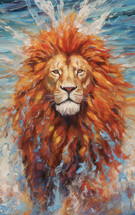 A painting of a majestic Lion with water and blue sky