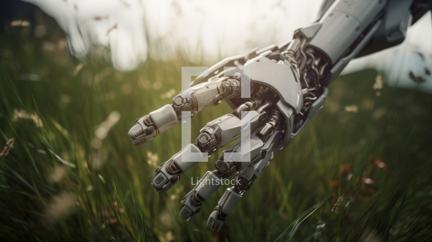 AI generated image. Mechanical Hand of the robot touching grass in the meadow