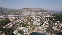 Dubrovnik, Croatia: Aerial of Uvala Lapad Beach area with coastal cityscape.